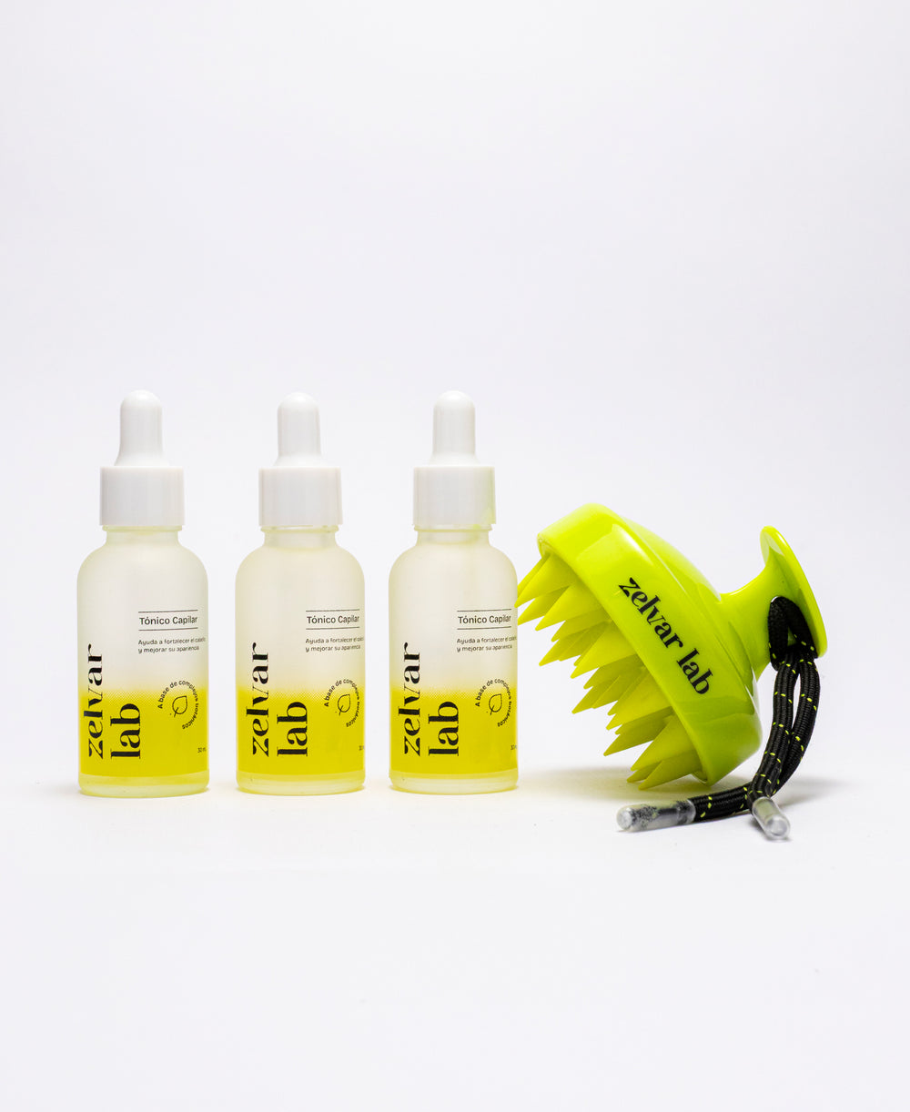 Kit capilar Zelvar Lab con tres tónicos y masajeador para cuidado del cabello