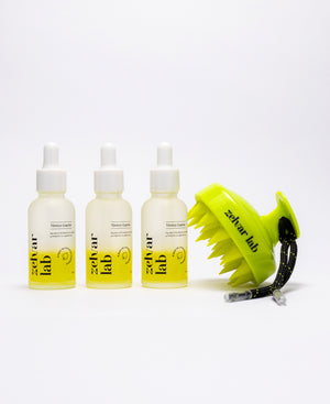Kit capilar Zelvar Lab con tres tónicos y masajeador para cuidado del cabello